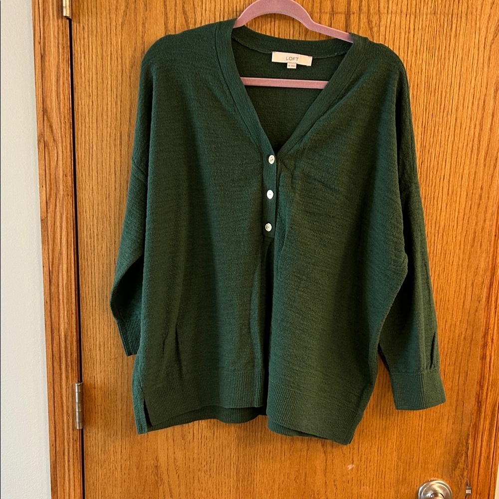 LOFT Dark Green V-Neck Button Sweater